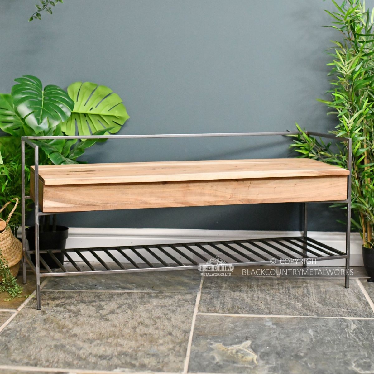 Natural Wood and Metal Opening Storage Bench