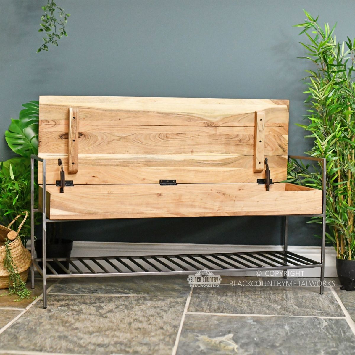 Natural Wood and Metal Opening Storage Bench