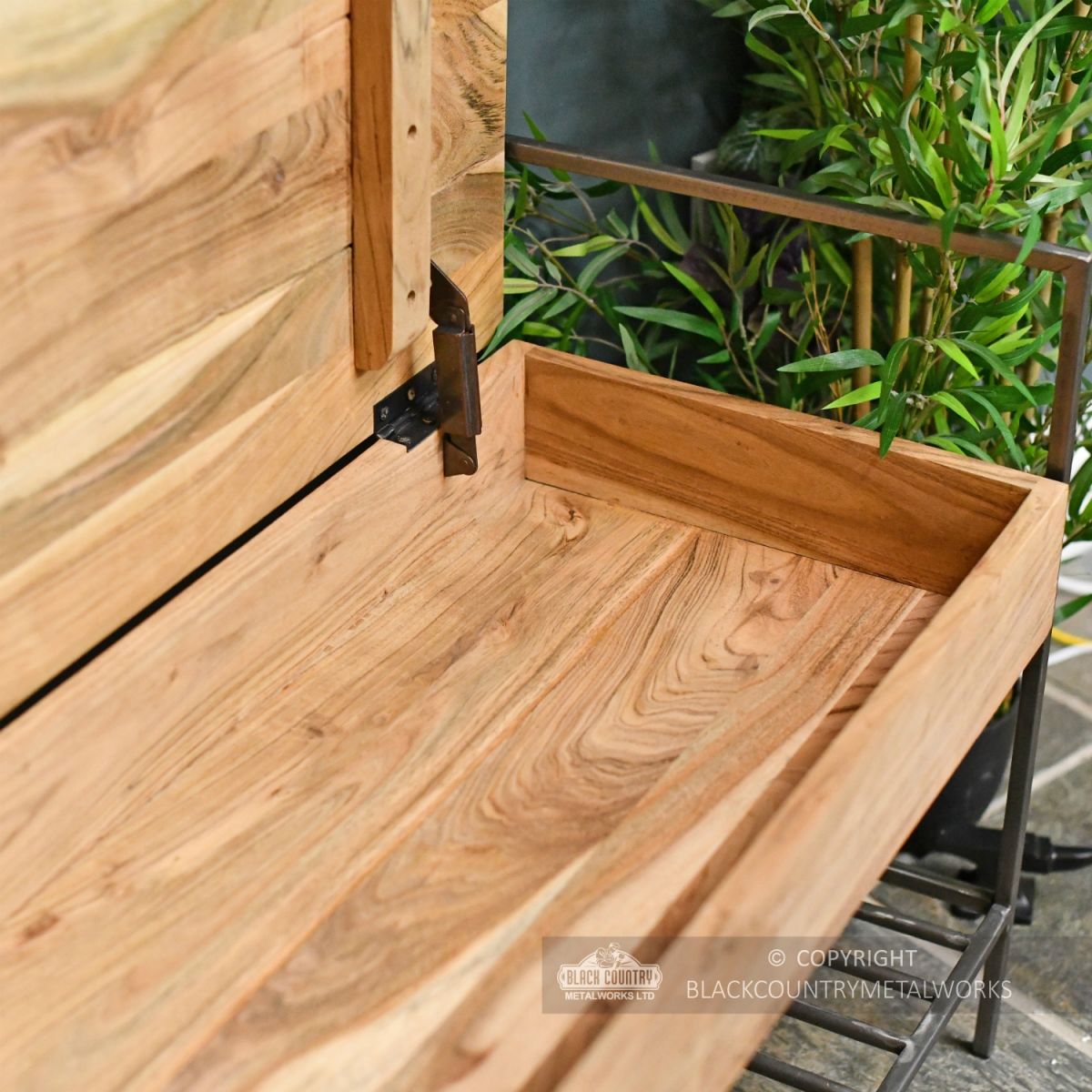 Natural Wood and Metal Opening Storage Bench