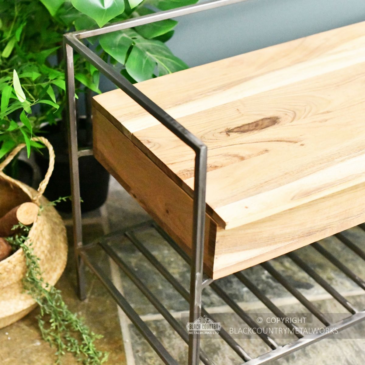 Natural Wood and Metal Opening Storage Bench