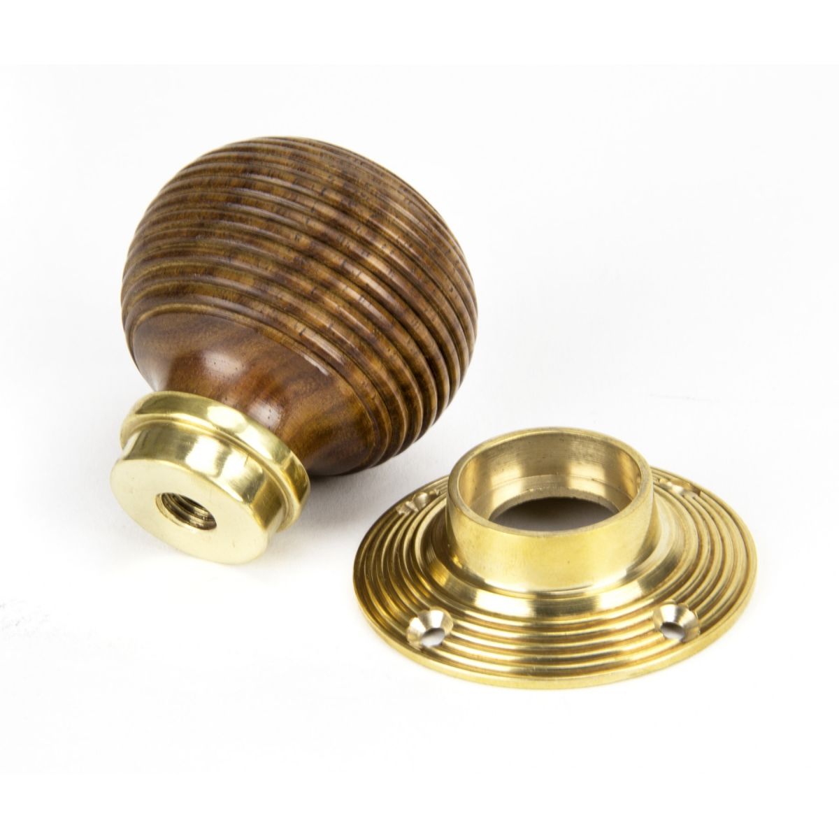 Threaded Polished Bras Back on Rose Wood Beehive Door Knobs Threaded Polished Bras Back on Rose Wood Beehive Door Knobs