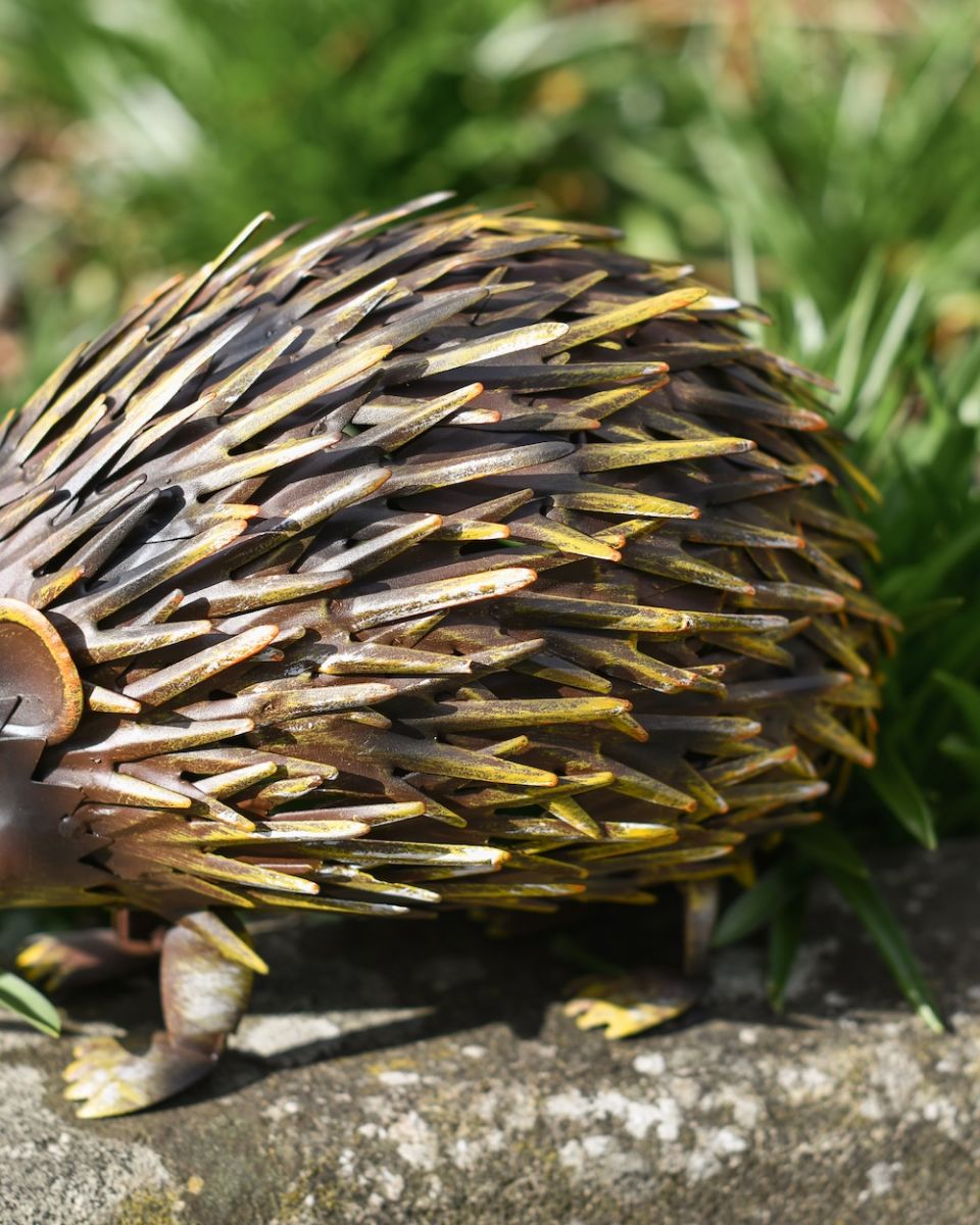 Close up of spines on hedgehog steel outdoor ornament Close up of spines on hedgehog steel outdoor ornament