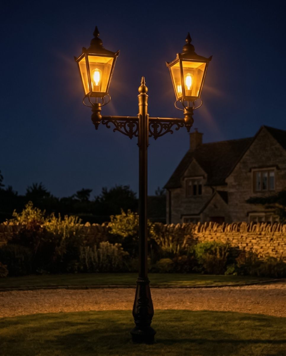 Dual Headed High Mast Column and Lantern Set digital illustration at night