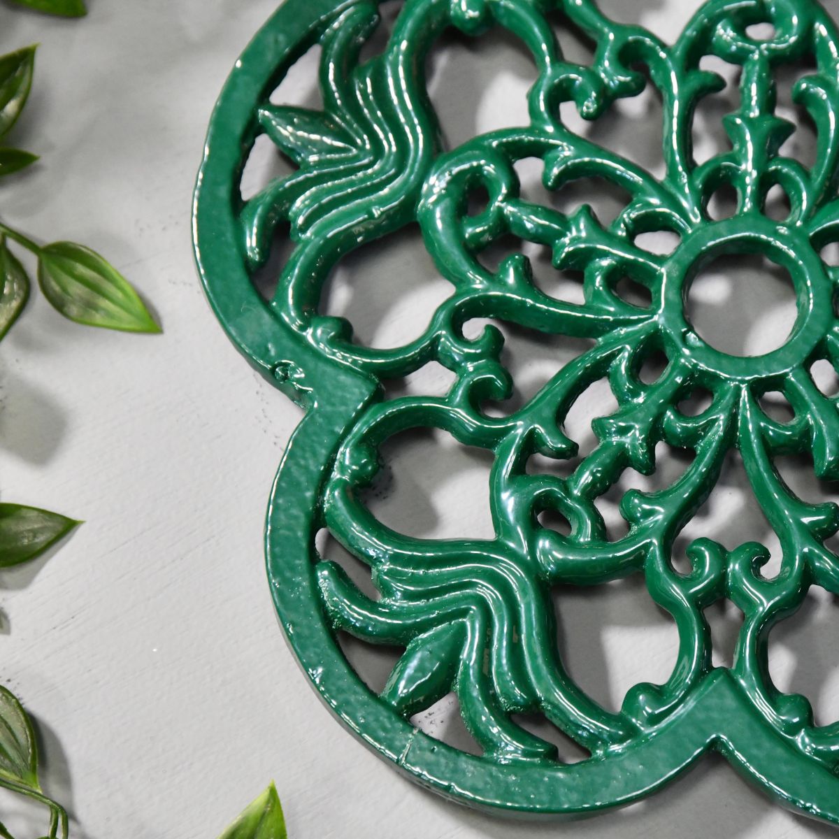 Cast Iron Flower Petal Trivet in Green Detailing