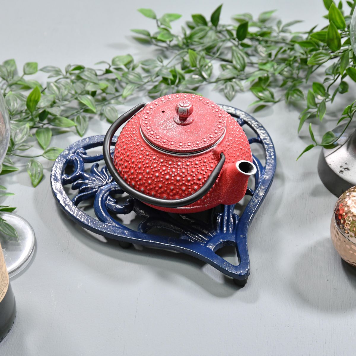 Blue Heavy Duty Heart Trivet in Use with Teapot