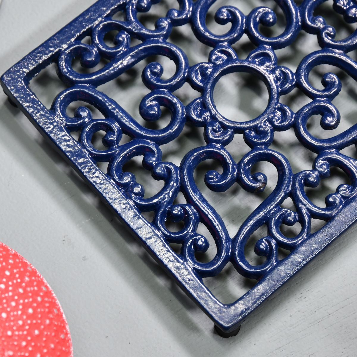 Blue Cast Iron Square Trivet Close-Up