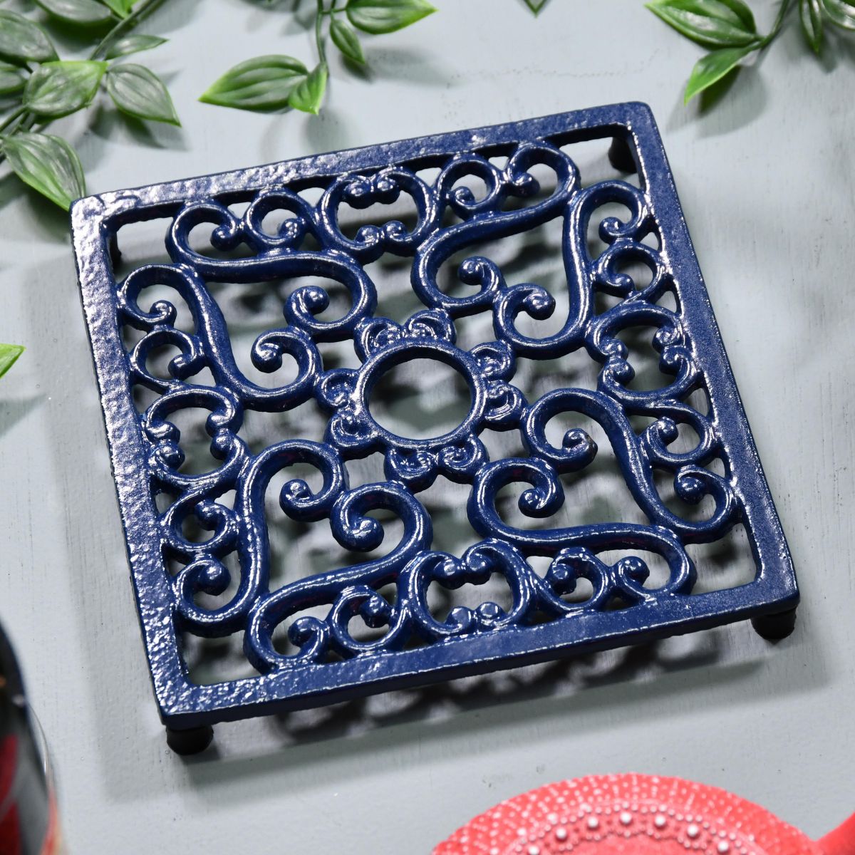 Blue Cast Iron Square Trivet Side View
