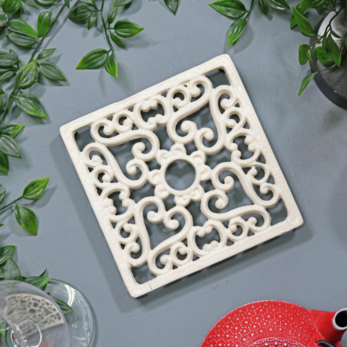 Cream Cast Iron Square Trivet in Situ