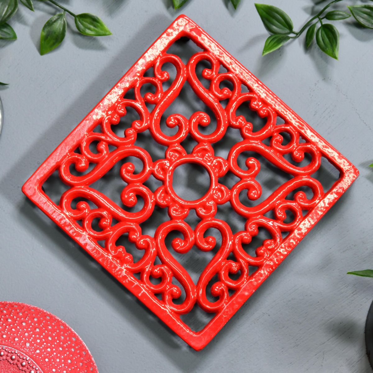 Red Cast Iron Square Trivet