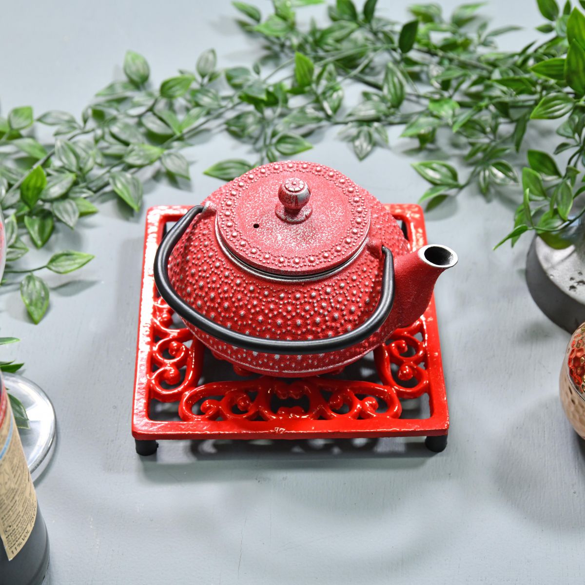 Red Cast Iron Square Trivet in Use with Teapot