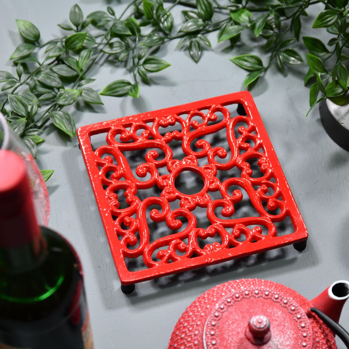 Red Cast Iron Square Trivet in Situ with Teapot
