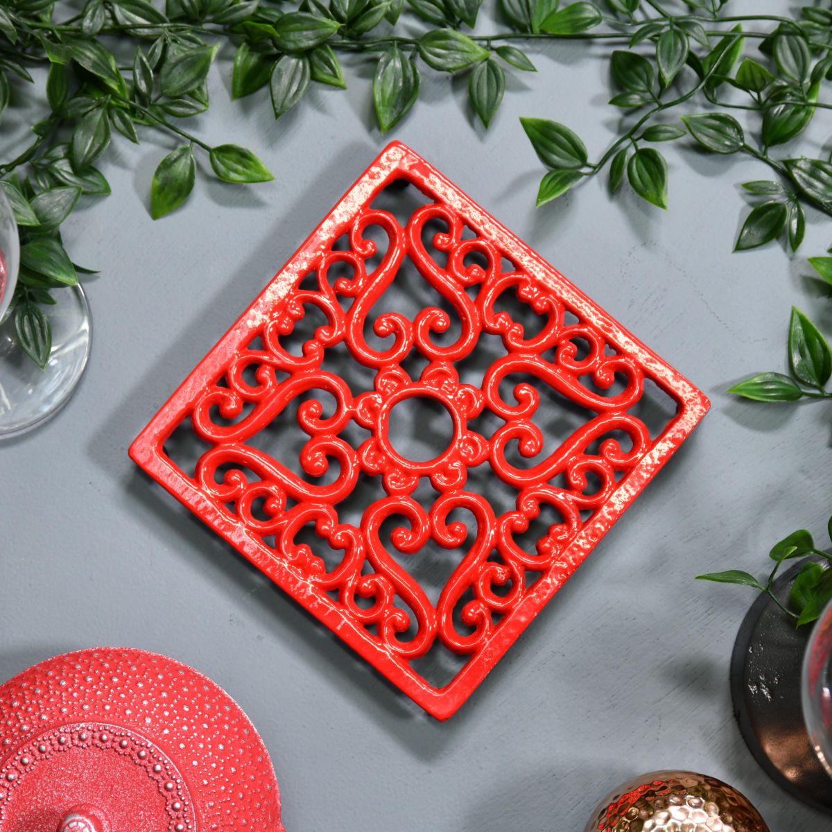 Red Cast Iron Square Trivet Birdseye View
