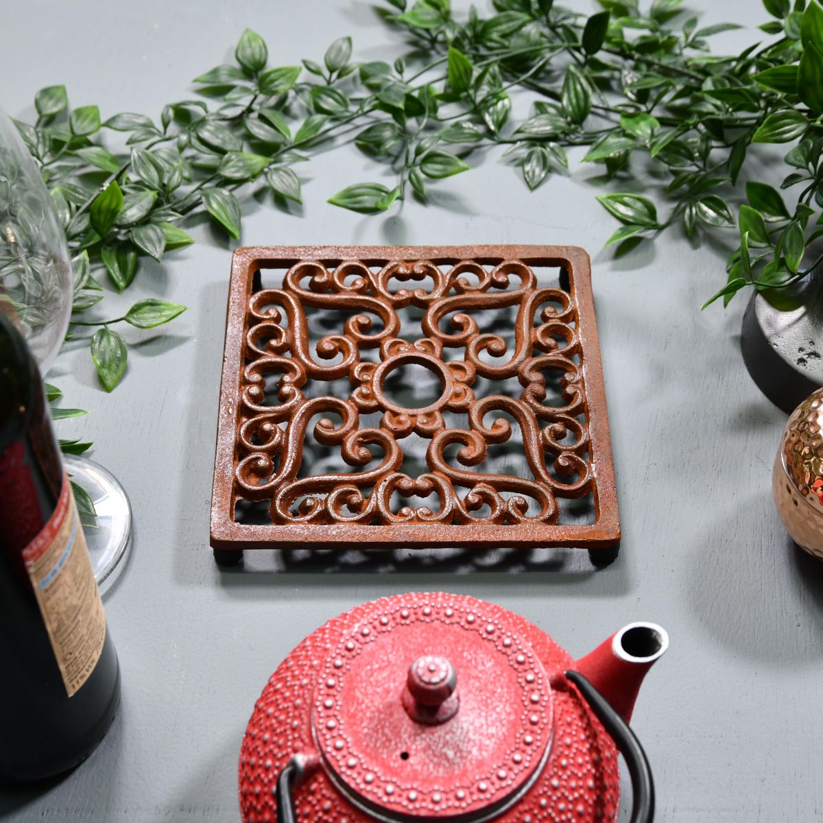 Rustic Cast Iron Square Trivet with Teapot
