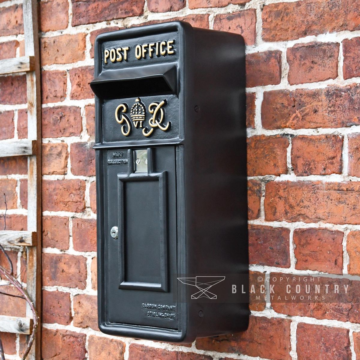 Black Slim King George Post Box with Gold Text