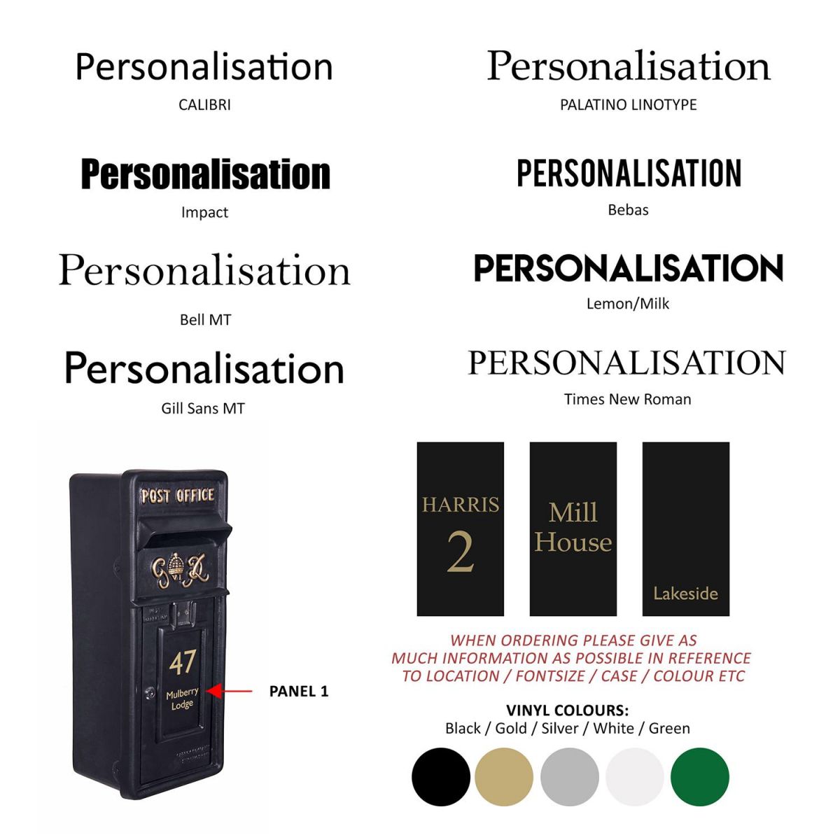 Fonts Available for Personalisation for the "Oakhampton" Slim King George Post Box In Black