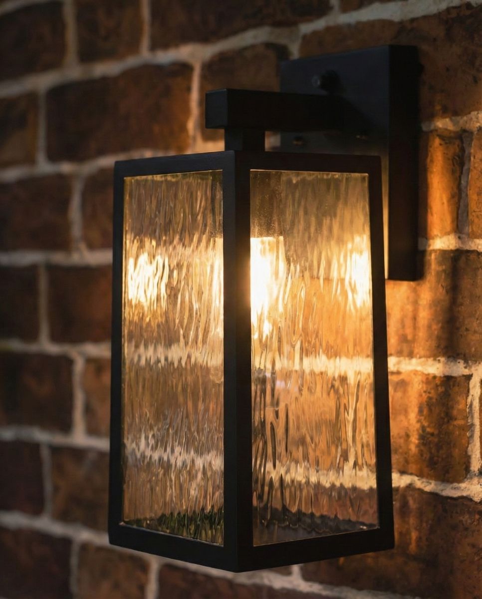 Digital representation of Oakley Top Fix Wall Light in Black lit up at night