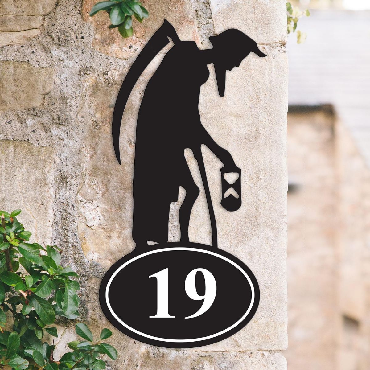 Old Father Time Iron House Number Sign in Situ