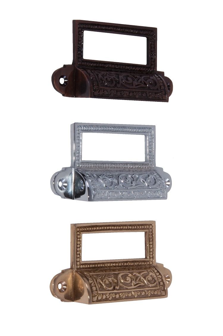 “Old Highstreet” Burnished copper hooded drawer pulls with label holder