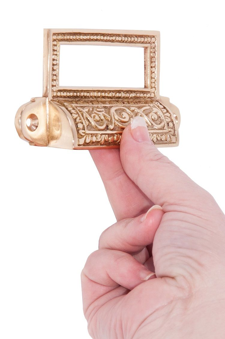 “Old Highstreet” Burnished copper hooded drawer pulls with label holder