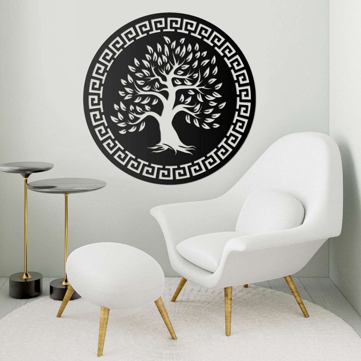 Round "Olive Tree" Wall Art in a Modern Sitting Room