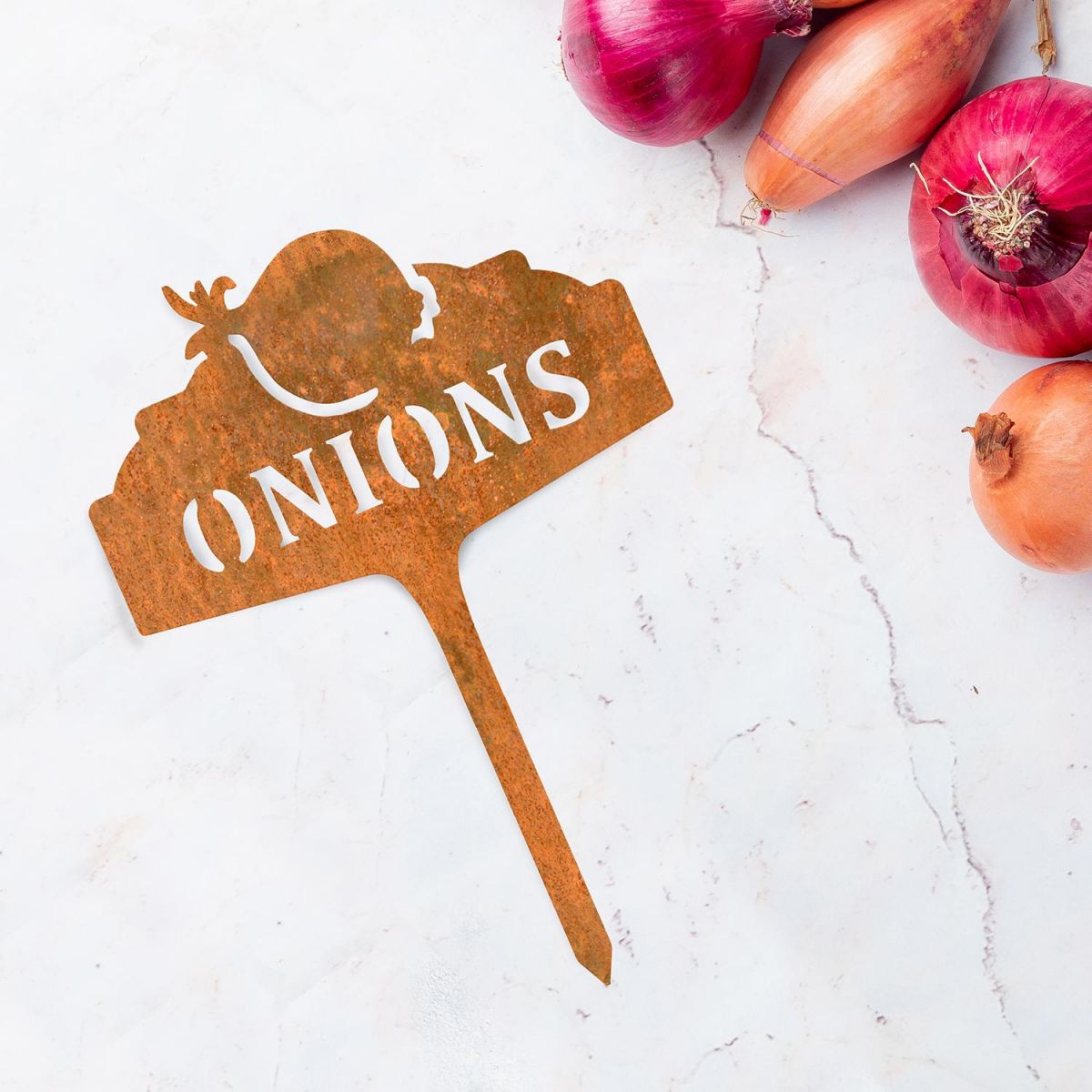 "Onions" Vegetable Label Created From Steel "Onions" Vegetable Label Created From Steel