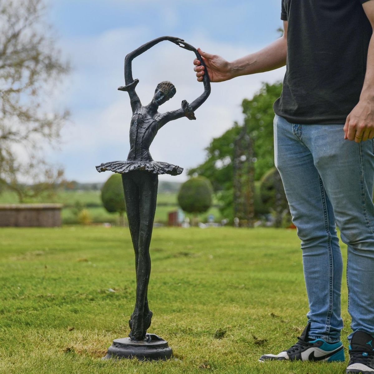 Black Cast Iron Ballet Dancer Garden Sculpture with Male for Scale 