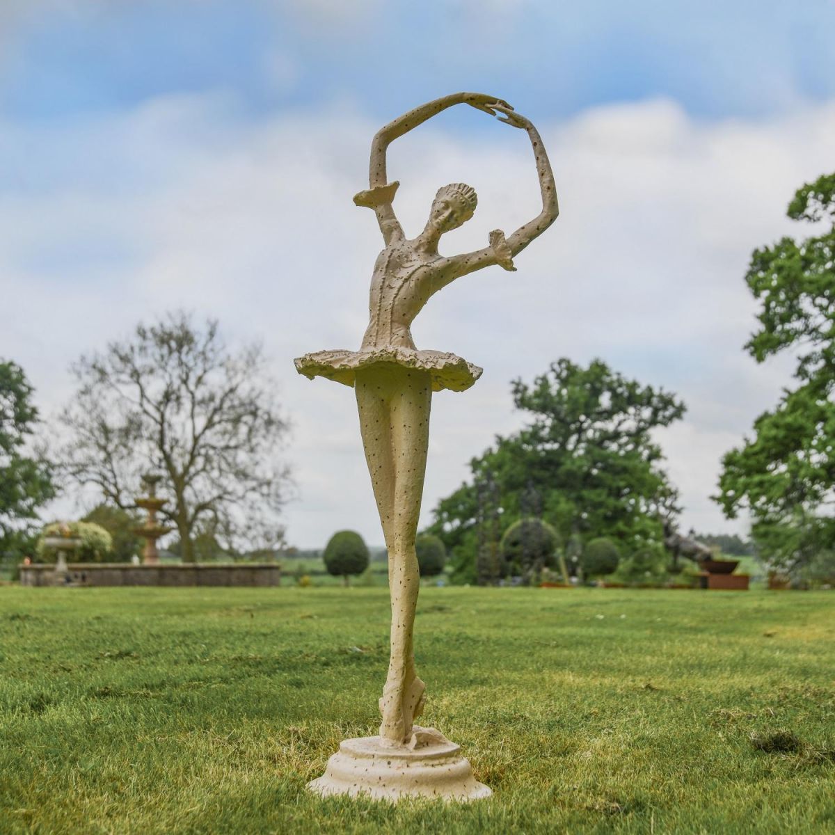 Rustic Cream Cast Iron Ballet Dancer Sculpture in Garden 