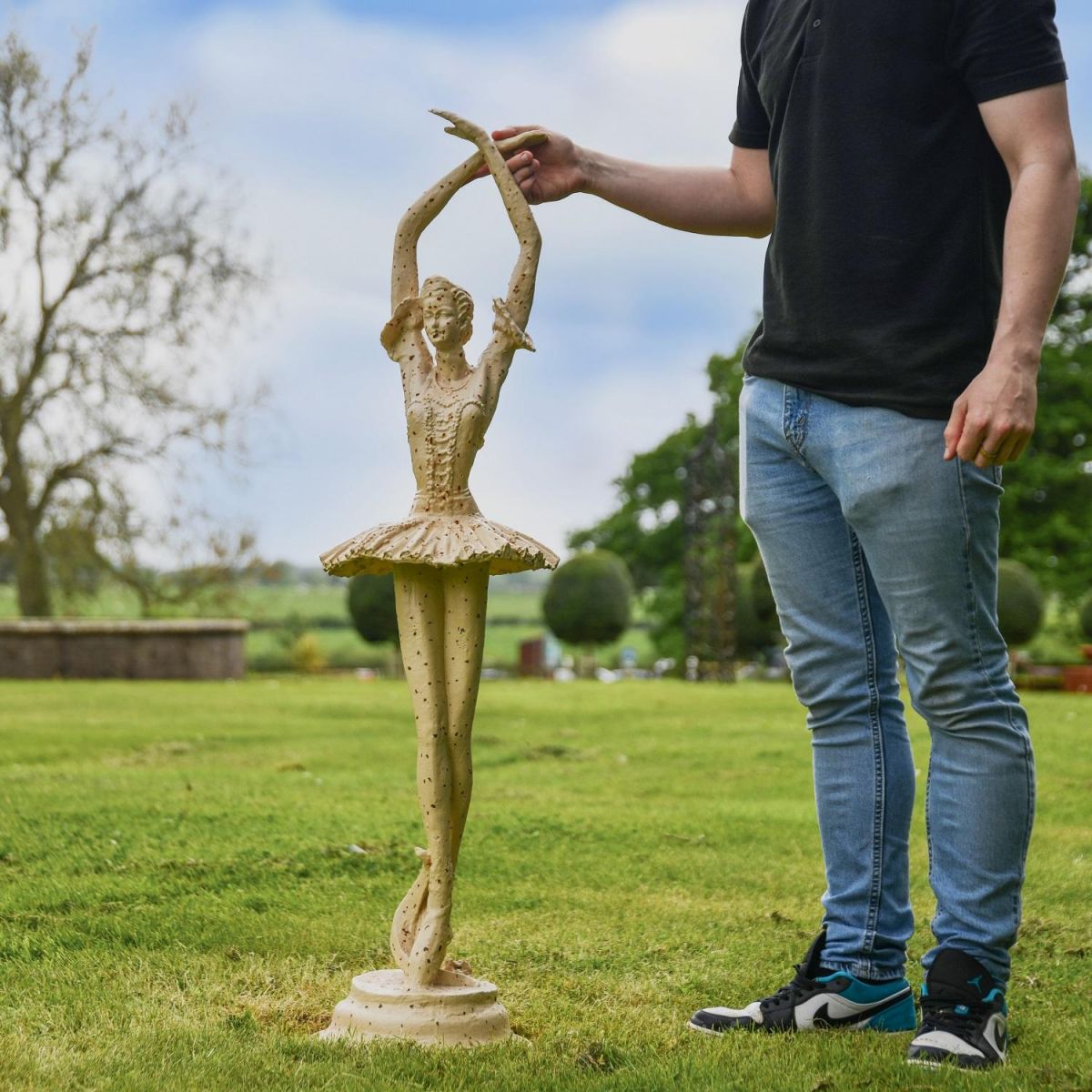 Rustic Cream Cast Iron Ballet Dancer in Pirouette Position Garden Sculpture