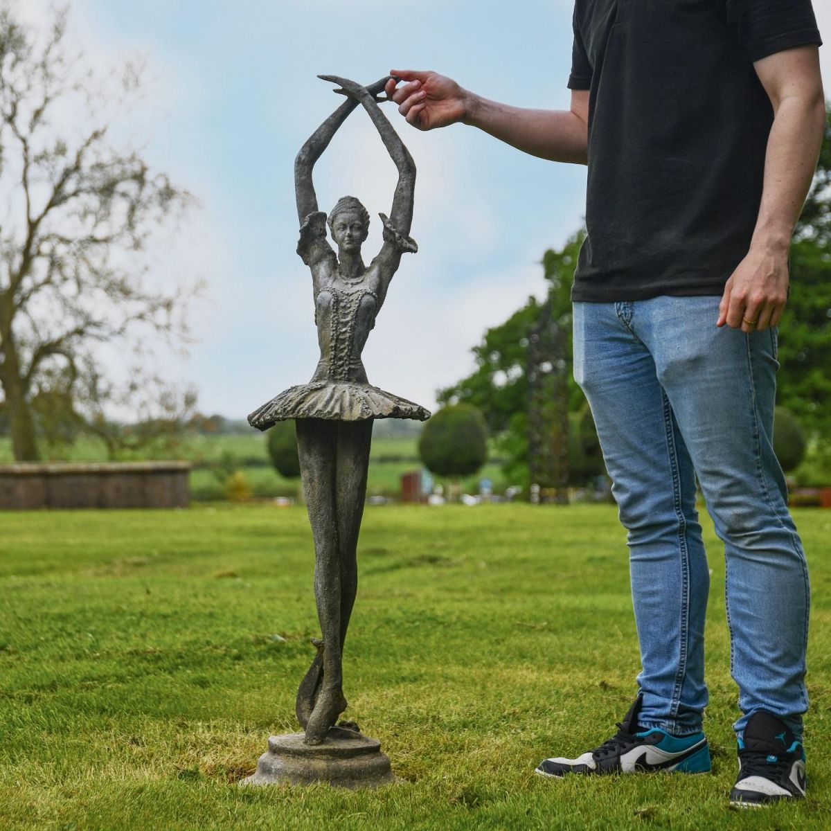 Rustic Grey Cast Iron Ballet Dancer Garden Sculpture 