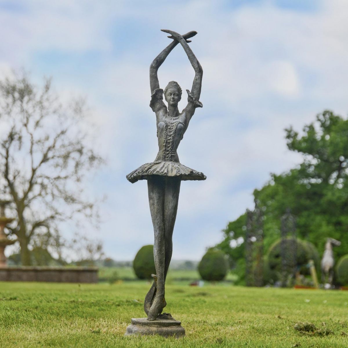 Rustic Grey Cast Iron Ballet Dancer in Pirouette Position Garden Sculpture