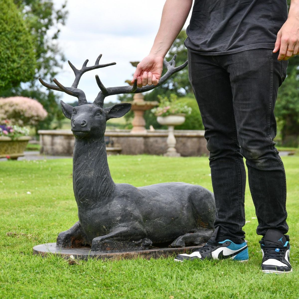 Black Cast Iron Stag Sculpture with Male for Scale