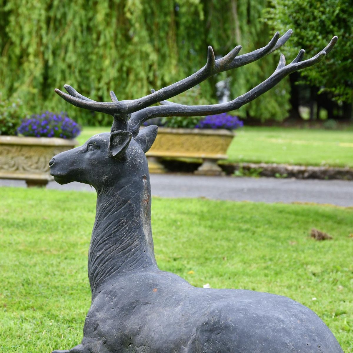 Rear view of Black Cast Iron Stag Sculpture head and antlers