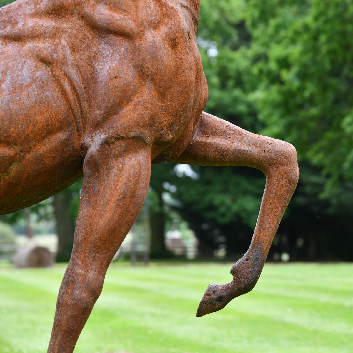 Close up of cast iron stag sculpture with front leg 