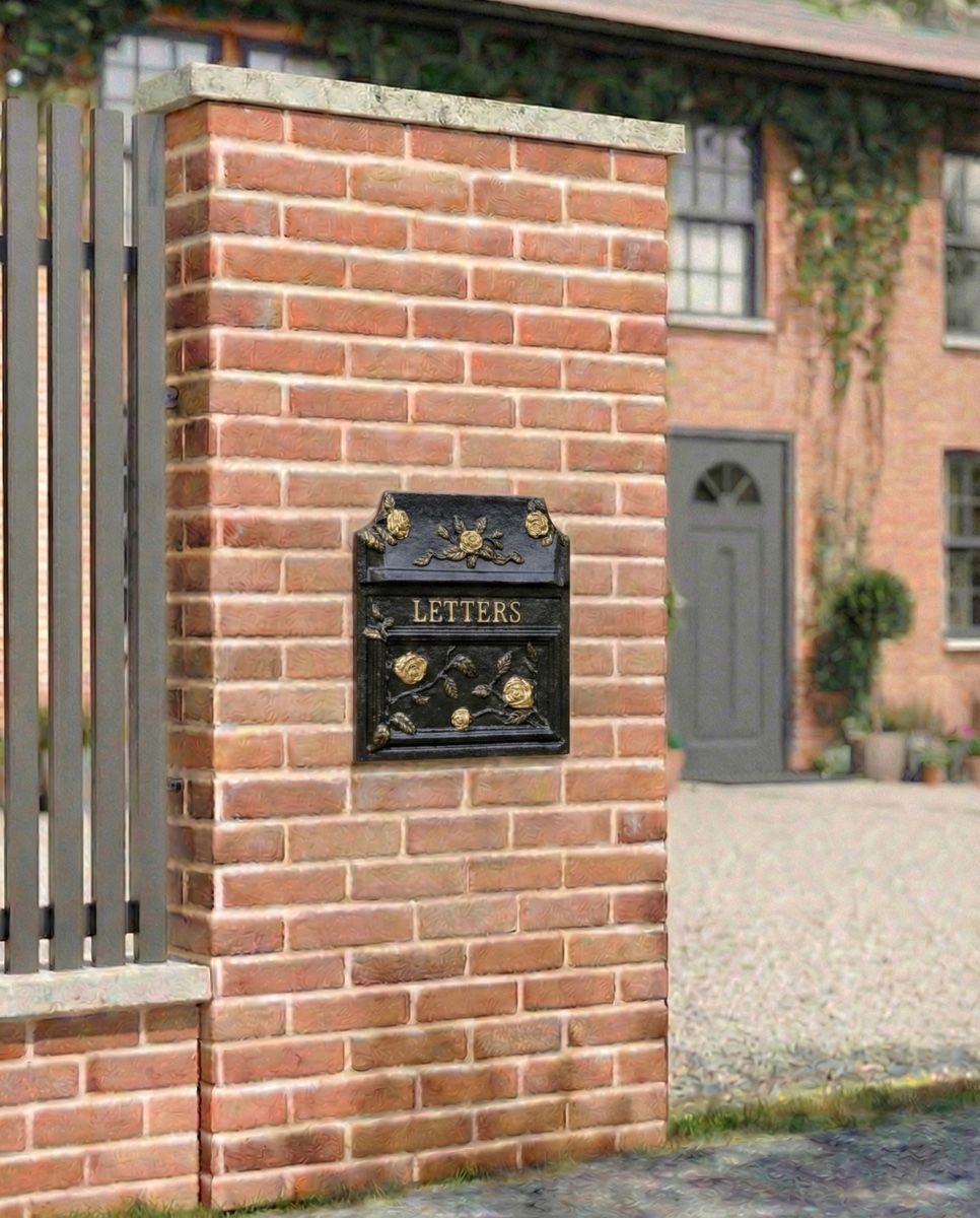 ornate_black_and_gold_mailbox_built_into_a_wall_1_installed on a new home