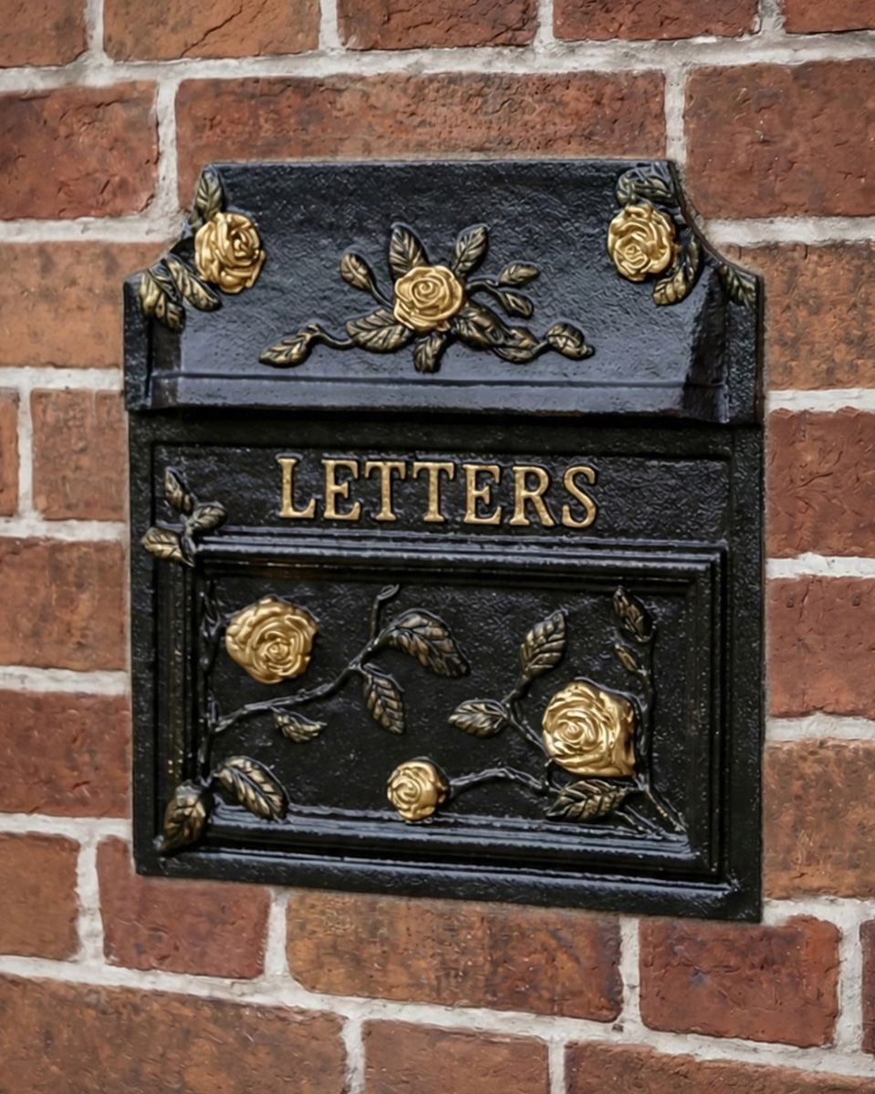 Ornate black and gold mailbox built into a wall