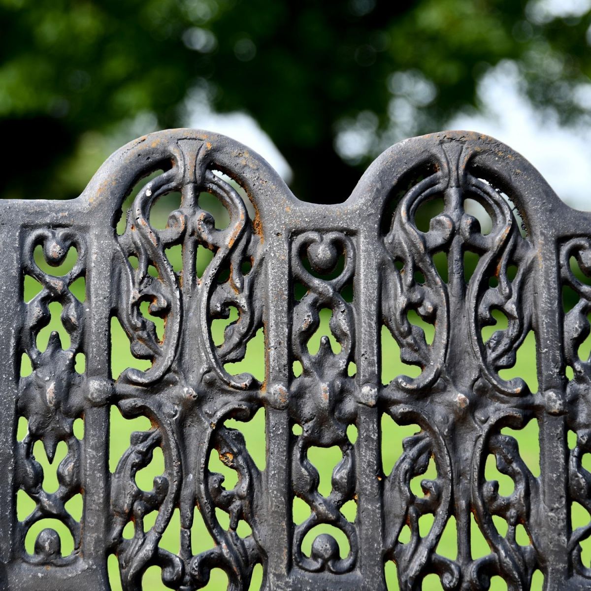 Close up of Aged Black Cast Iron Backrest on "Serpent" Bench