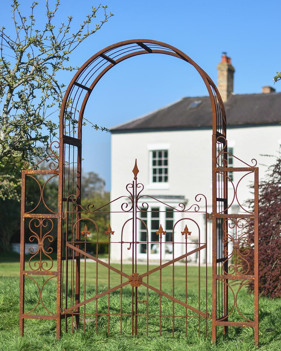 Ornate Rustic "Aesica" Garden Rose Arch With Gate