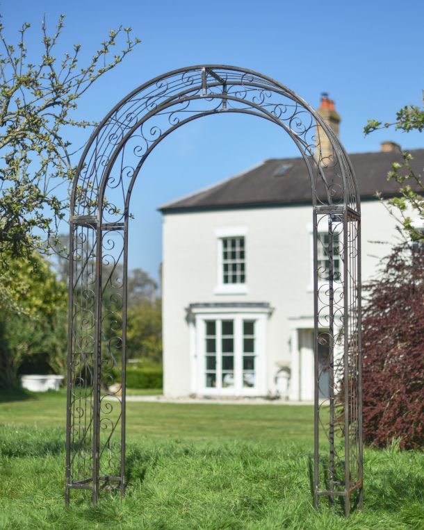 "Tenbury" Natural Lacquer Rose Arch With A Ornate Scroll Design