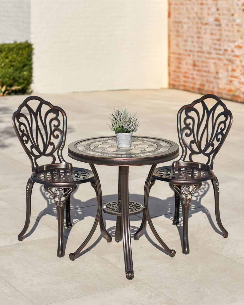 Ornate Two Chair Bistro Set with Mosaic Table Top in Situ