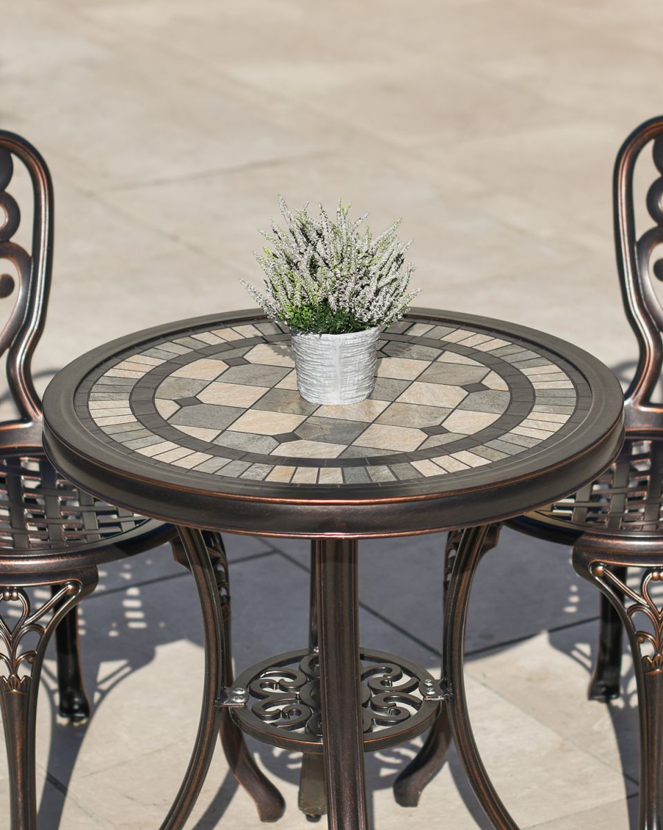 View of the Mosaic Table Top as part of the Two Chair Bistro Set 