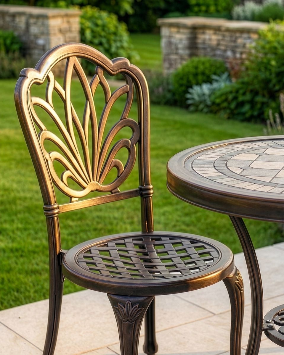 Ornate Two Chair Bistro Set with Mosaic Table Top in Situ digital illustration close up of a chair