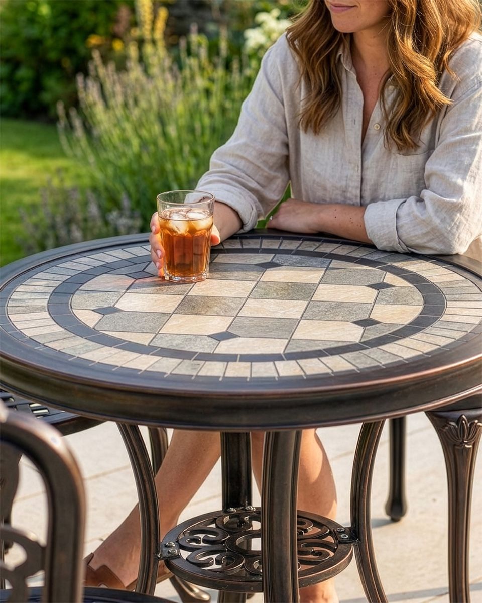 The "Charlotte" 2-Seater Outdoor Mosaic Bistro Set - Antique Bronze
