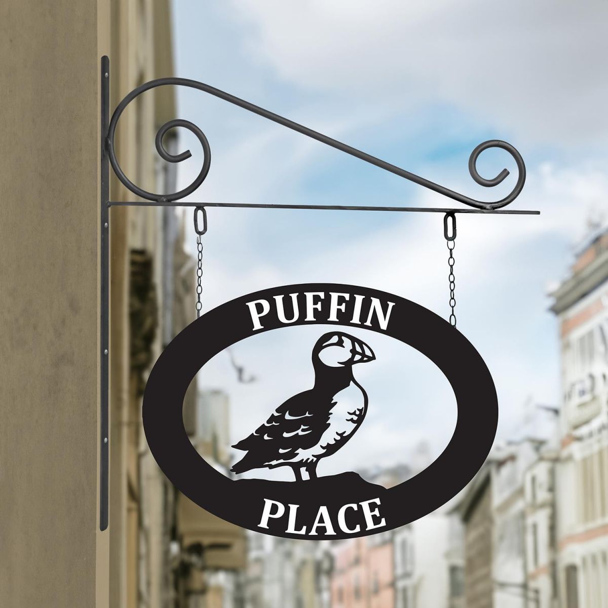 Oval Steel Puffin Hanging House Name Sign in Situ