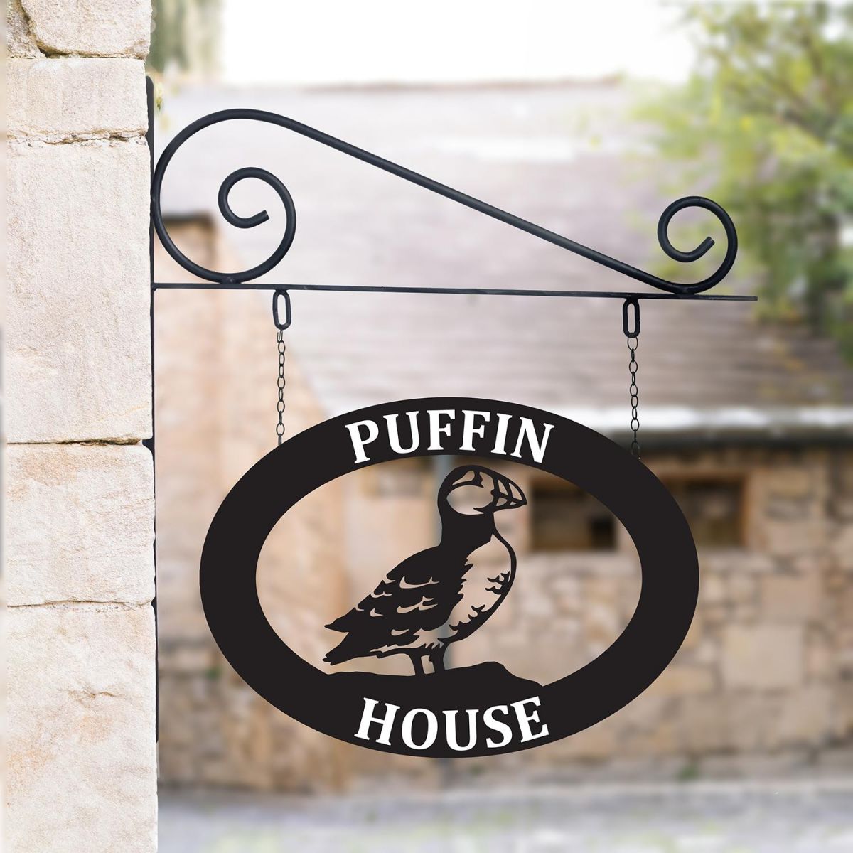 Oval Steel Hanging House Name Sign with Puffin