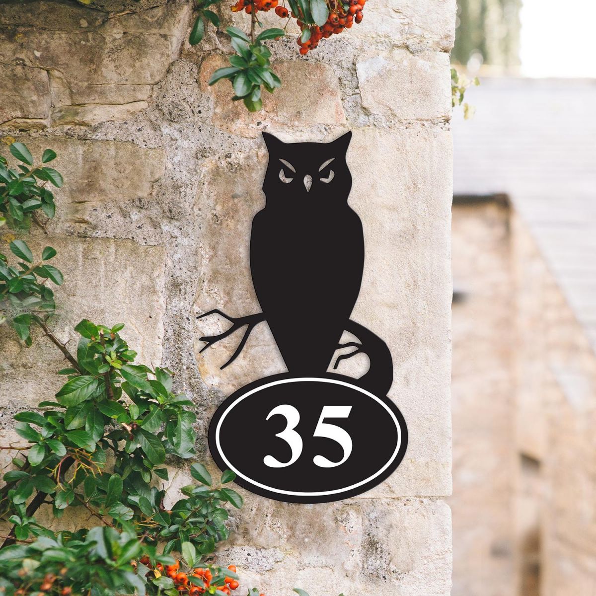 Bespoke Owl Iron House Number Sign in Situ