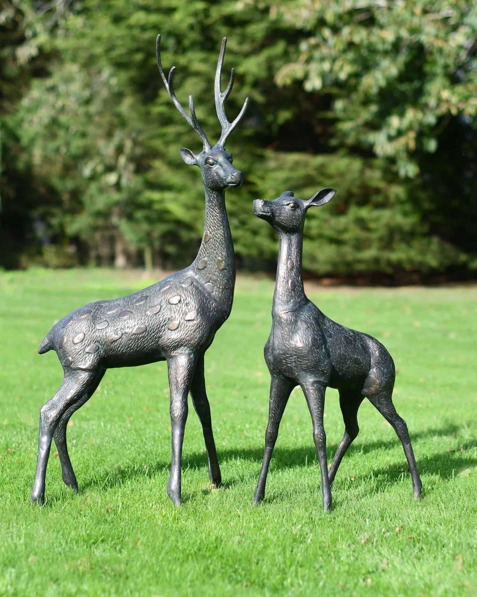 Close-Up of Pair of Cast Aluminium Freestanding "Fallow" Stag & Doe Garden Sculptures
