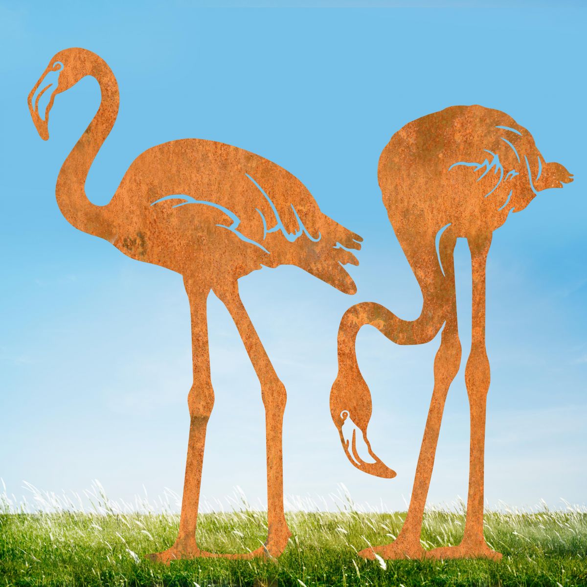Pair of Flamingo"s Sheet Steel Silhouette in Rustic Finish in Situ