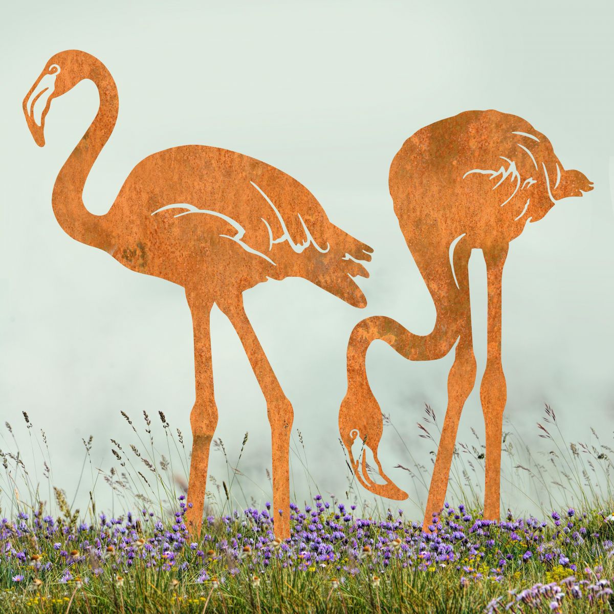 Pair of Flamingo"s Sheet Steel Silhouette in Rustic Finish