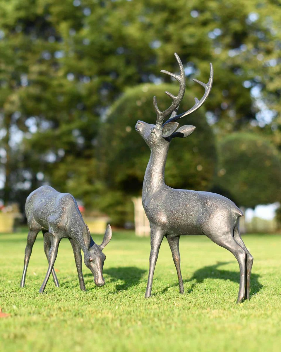 Pair of Miniature Aged Verdigris "Cherry & Blossom" Stag & Doe Garden Sculptures in the Garden