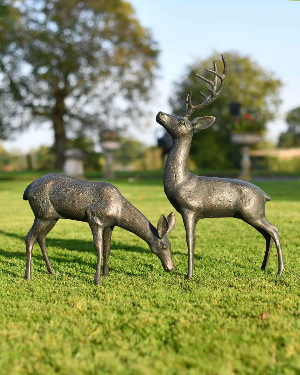 Pair of Miniature Aged Verdigris "Cherry & Blossom" Stag & Doe Garden Sculptures in Situ